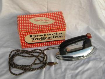 catalog photo of mid century streamlined vintage laundry iron w/original box