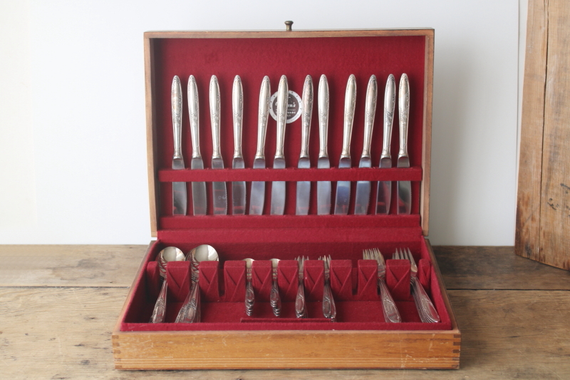 photo of mid century vintage 100 - 39 silver plate flatware complete service for 12, Wirths style mod design  #1