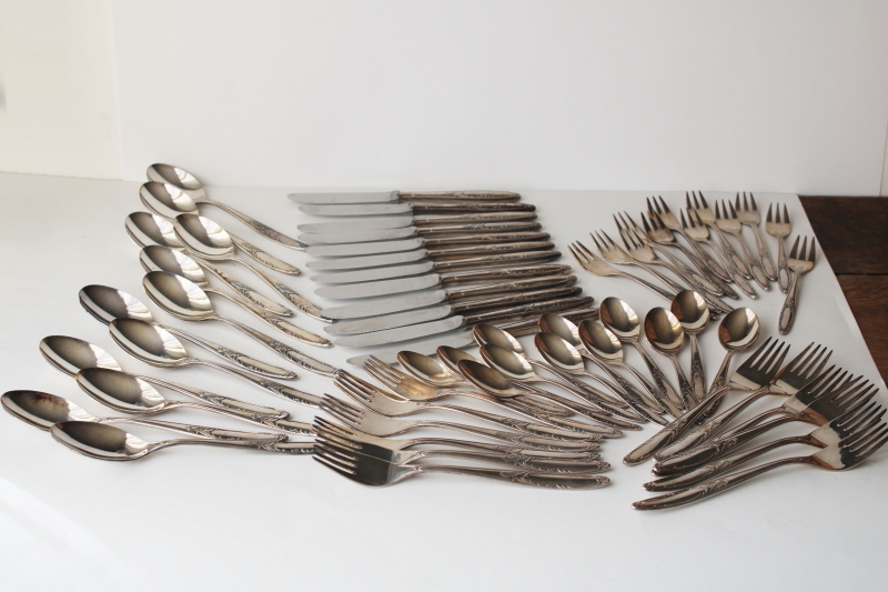 photo of mid century vintage 100 - 39 silver plate flatware complete service for 12, Wirths style mod design  #8