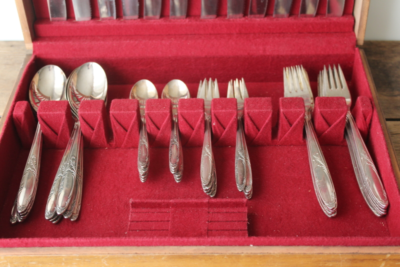 photo of mid century vintage 100 - 39 silver plate flatware complete service for 12, Wirths style mod design  #12