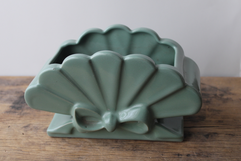photo of mid-century vintage Abingdon pottery planter, jade green fan shape with bow #5