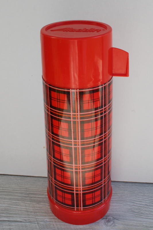 photo of mid-century vintage Aladdin red tartanware plaid plastic thermos w/ glass liner #1