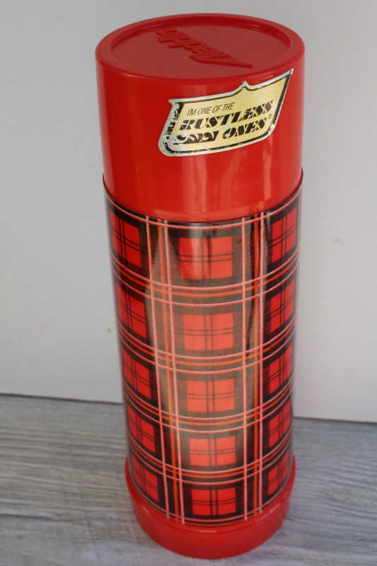 photo of mid-century vintage Aladdin red tartanware plaid plastic thermos w/ glass liner #3