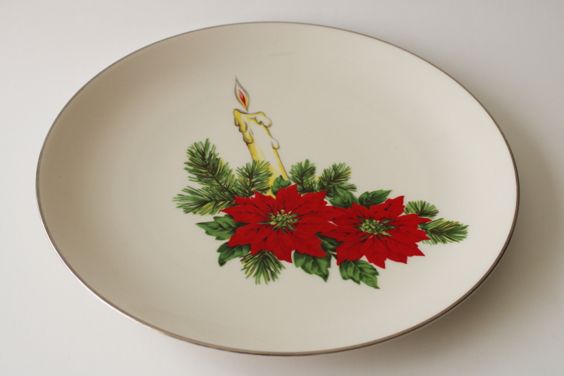 photo of mid-century vintage Christmas candle & poinsettia china plate, Triomphe USA pottery #1