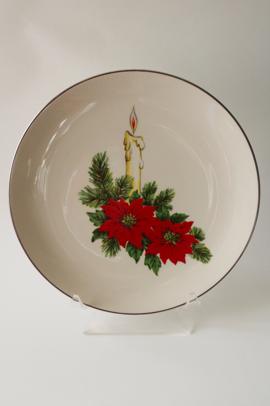 photo of mid-century vintage Christmas candle & poinsettia china plate, Triomphe USA pottery #3