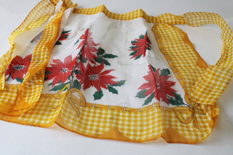 photo of mid-century vintage Christmas print sheer cotton organdy apron, poinsettias gingham #1