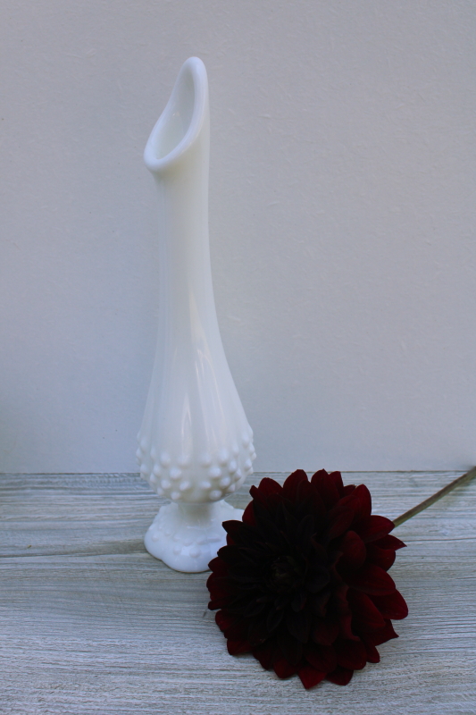 photo of mid-century vintage Fenton milk glass bud vase, hobnail pattern swung vase #1