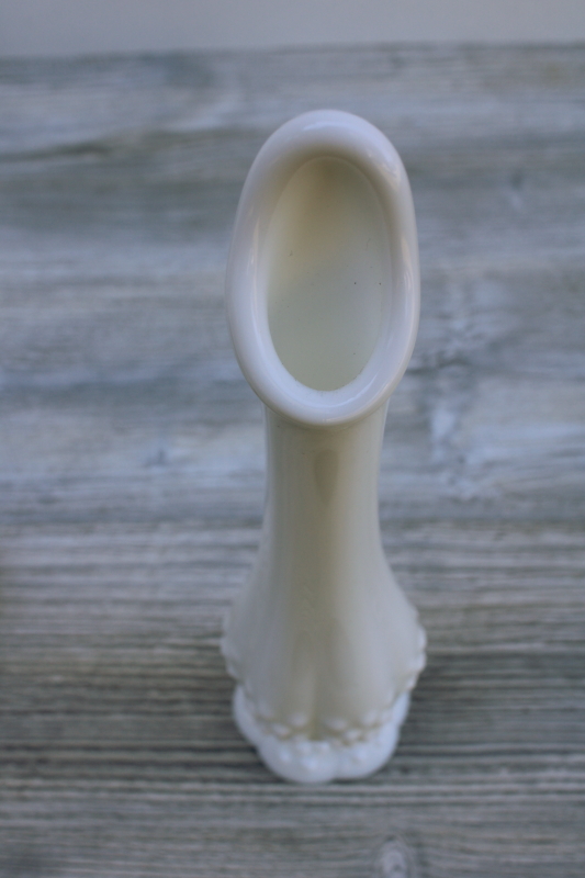 photo of mid-century vintage Fenton milk glass bud vase, hobnail pattern swung vase #3