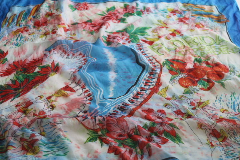 photo of mid-century vintage Florida souvenir silk scarf, colorful print Cypress Gardens #1