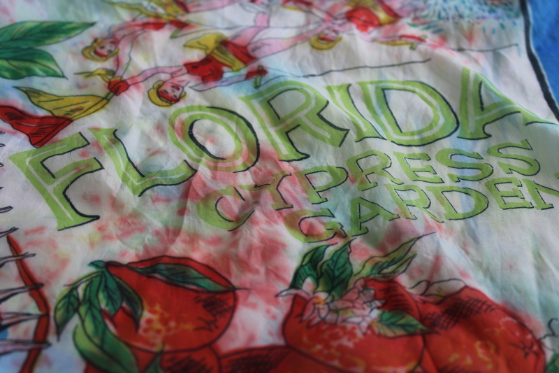 photo of mid-century vintage Florida souvenir silk scarf, colorful print Cypress Gardens #2