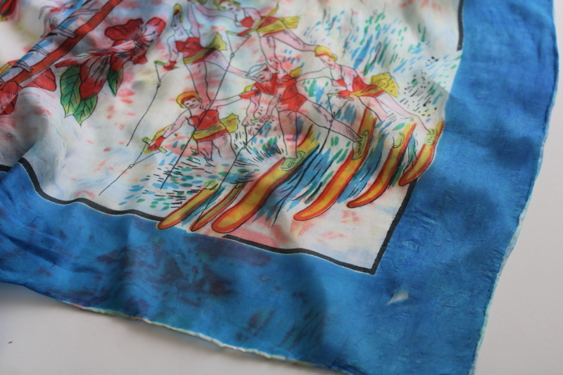 photo of mid-century vintage Florida souvenir silk scarf, colorful print Cypress Gardens #3