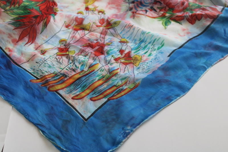 photo of mid-century vintage Florida souvenir silk scarf, colorful print Cypress Gardens #4