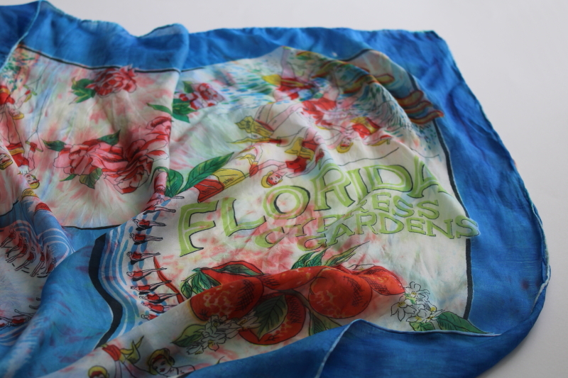 photo of mid-century vintage Florida souvenir silk scarf, colorful print Cypress Gardens #8