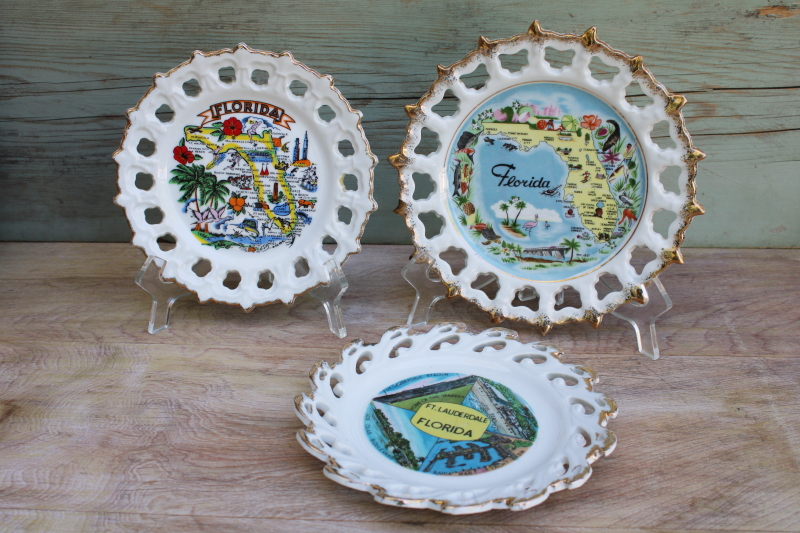 photo of mid-century vintage Florida travel souvenir plates, state map tourist landmarks #1