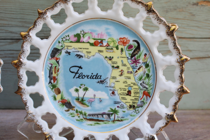 photo of mid-century vintage Florida travel souvenir plates, state map tourist landmarks #2