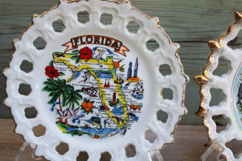 photo of mid-century vintage Florida travel souvenir plates, state map tourist landmarks #3