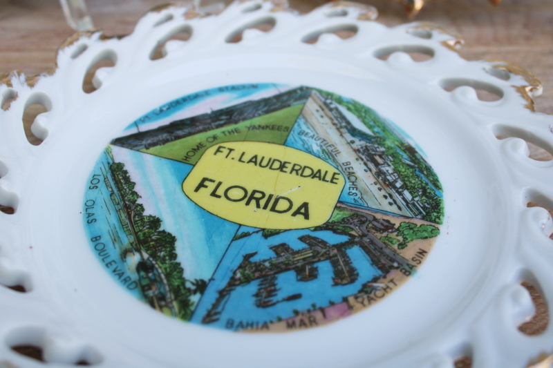 photo of mid-century vintage Florida travel souvenir plates, state map tourist landmarks #4