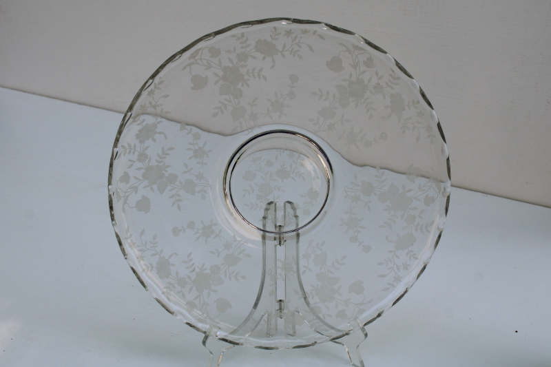 photo of mid century vintage Fostoria Bouquet floral etched crystal clear glass torte cake plate #1