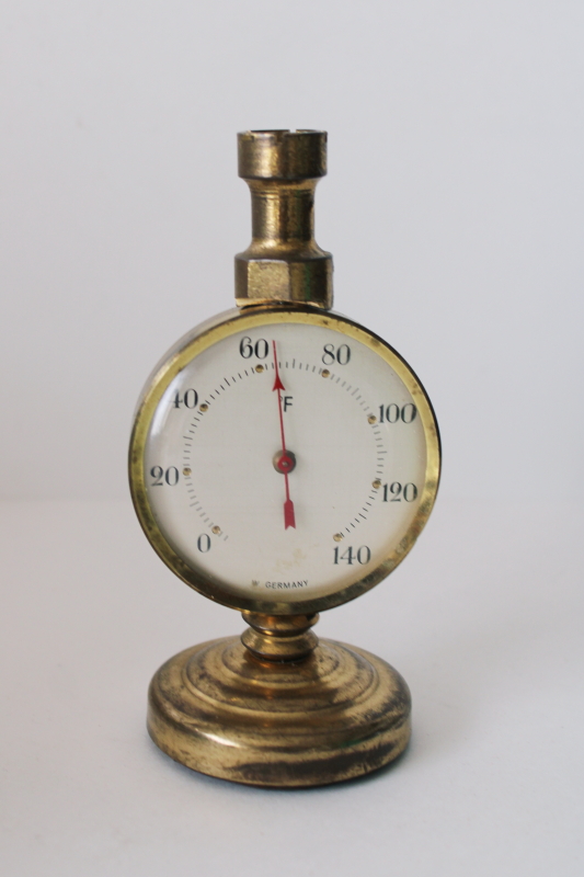 photo of mid century vintage Frisy W Germany desk thermometer, dial gauge brass instrument  #1