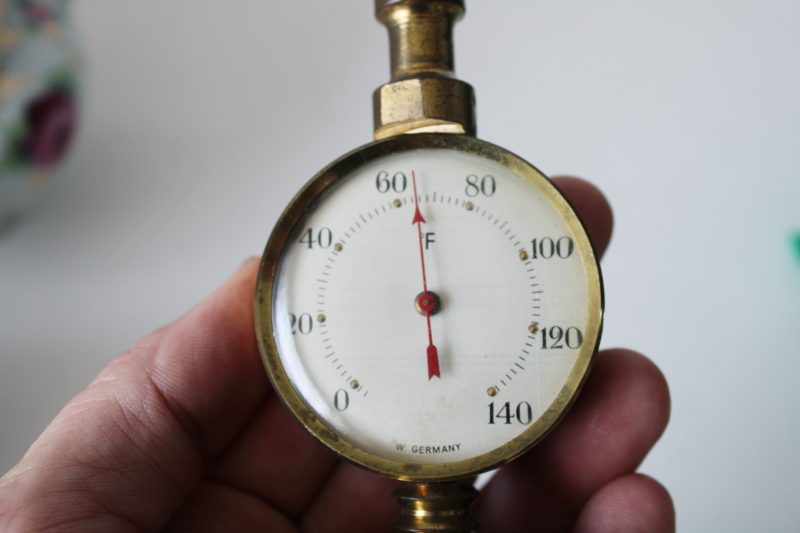 photo of mid century vintage Frisy W Germany desk thermometer, dial gauge brass instrument  #6