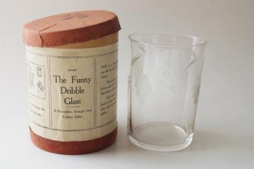 catalog photo of mid-century vintage Funny Dribble Glass party trick in original box, white elephant gift