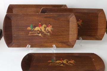 catalog photo of mid century vintage Haskelite trays set, horse riders hunt scene w/ hounds 