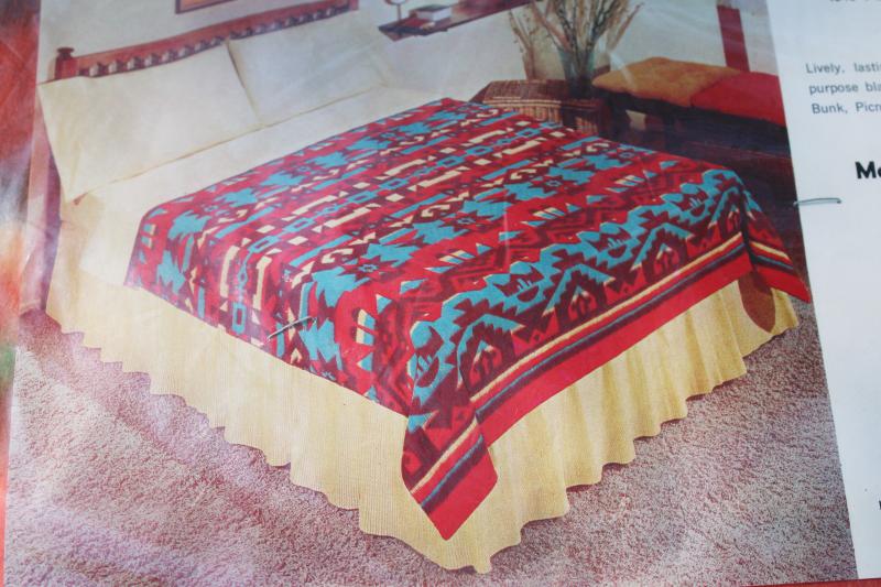 photo of mid-century vintage Indian blanket, mint in package poly cotton rayon camp blanket #4