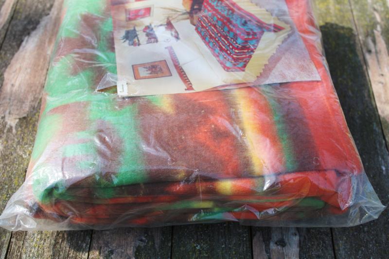 photo of mid-century vintage Indian blanket, mint in package poly cotton rayon camp blanket #5