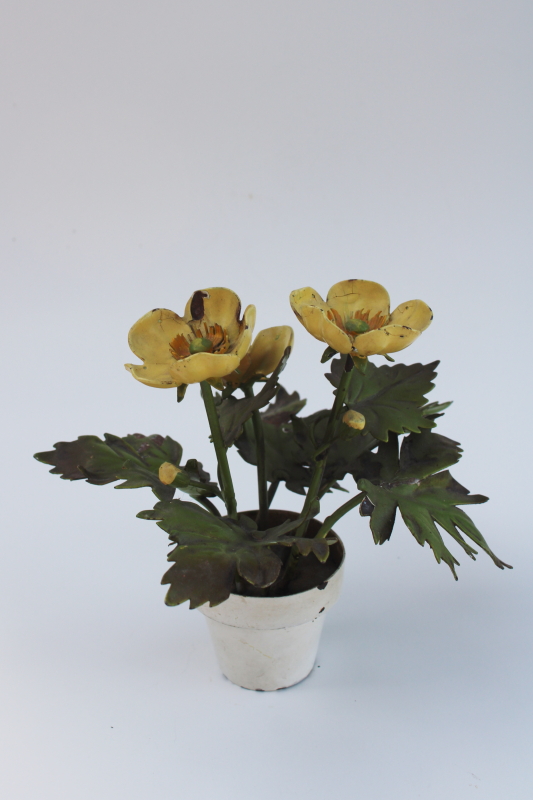 photo of mid-century vintage Italian tole metal flowers, buttercups in planter pot shabby cottage decor #1