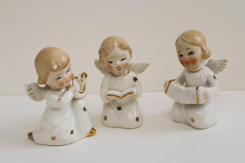 photo of mid-century vintage Japan hand painted ceramic angel girls, blonde hair & pink cheeks #1