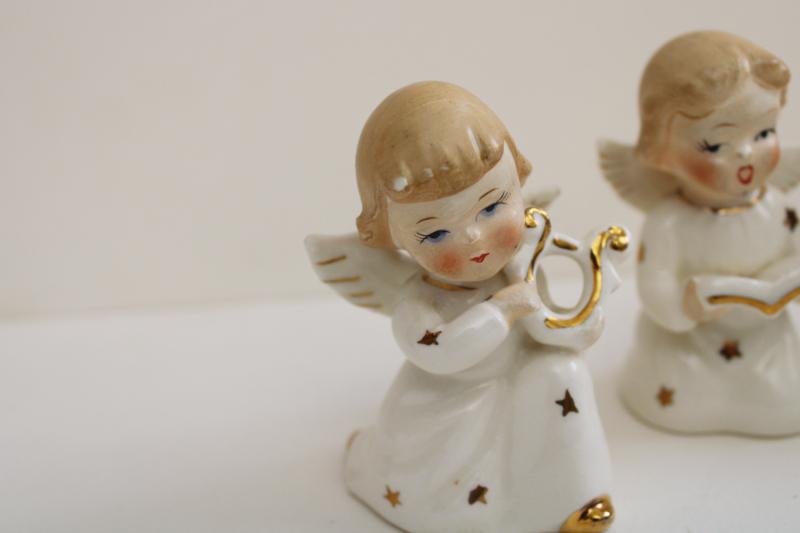 photo of mid-century vintage Japan hand painted ceramic angel girls, blonde hair & pink cheeks #2