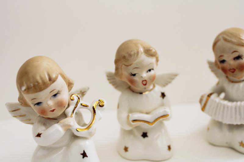 photo of mid-century vintage Japan hand painted ceramic angel girls, blonde hair & pink cheeks #3