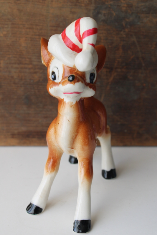 photo of mid century vintage Japan hand painted ceramic figurine Christmas deer w/ striped hat  #1