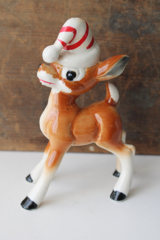 photo of mid century vintage Japan hand painted ceramic figurine Christmas deer w/ striped hat  #2