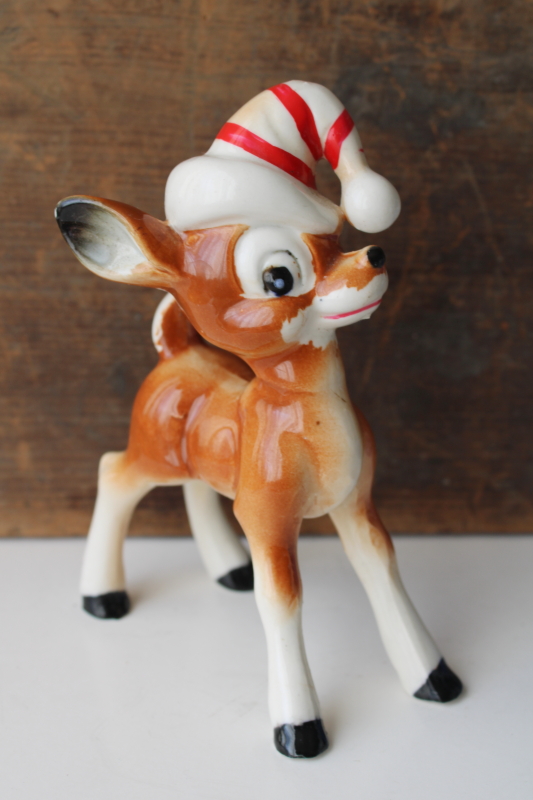 photo of mid century vintage Japan hand painted ceramic figurine Christmas deer w/ striped hat  #3
