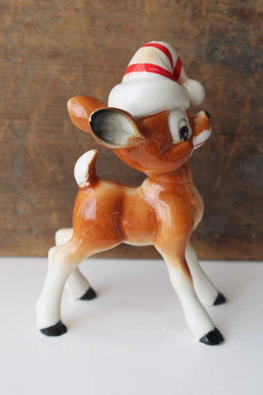 photo of mid century vintage Japan hand painted ceramic figurine Christmas deer w/ striped hat  #4