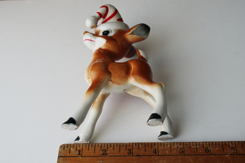 photo of mid century vintage Japan hand painted ceramic figurine Christmas deer w/ striped hat  #7