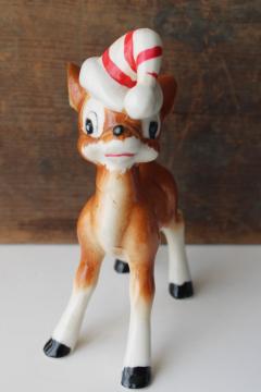 catalog photo of mid century vintage Japan hand painted ceramic figurine Christmas deer w/ striped hat 