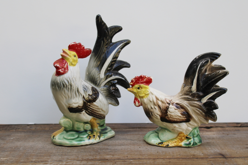 photo of mid century vintage Japan hand painted ceramic roosters, large chicken figurines  #1