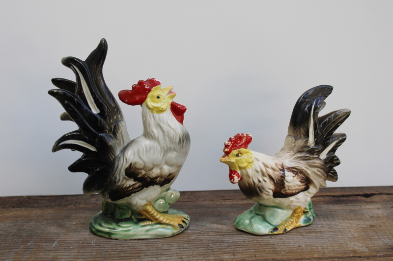 photo of mid century vintage Japan hand painted ceramic roosters, large chicken figurines  #2