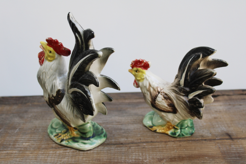 photo of mid century vintage Japan hand painted ceramic roosters, large chicken figurines  #3