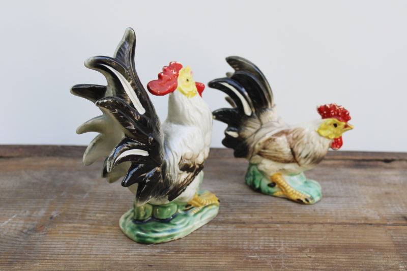 photo of mid century vintage Japan hand painted ceramic roosters, large chicken figurines  #4
