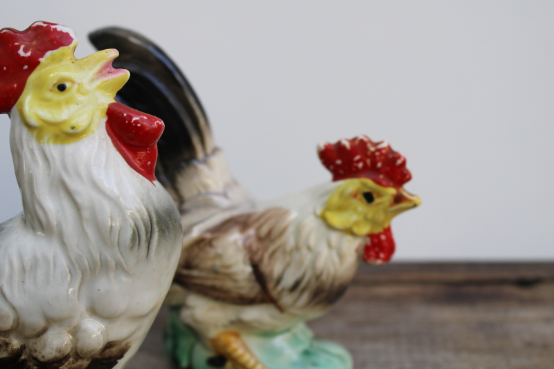 photo of mid century vintage Japan hand painted ceramic roosters, large chicken figurines  #5