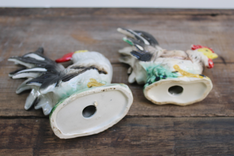 photo of mid century vintage Japan hand painted ceramic roosters, large chicken figurines  #6