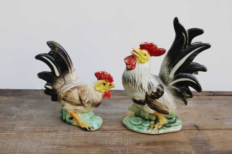 photo of mid century vintage Japan hand painted ceramic roosters, large chicken figurines  #7