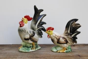 catalog photo of mid century vintage Japan hand painted ceramic roosters, large chicken figurines 