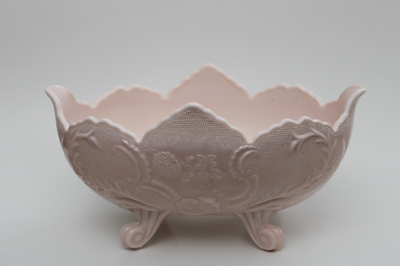 photo of mid-century vintage Jeannette shell pink milk glass, large flower bowl centerpiece #1