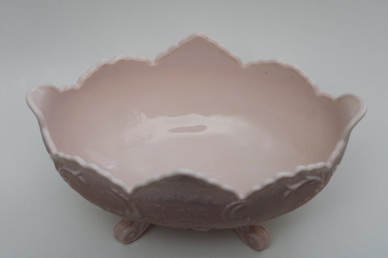 photo of mid-century vintage Jeannette shell pink milk glass, large flower bowl centerpiece #4