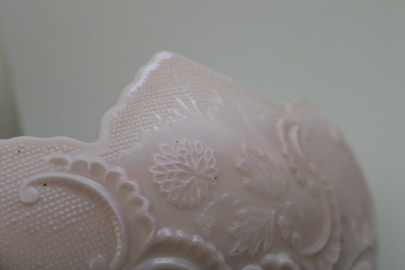 photo of mid-century vintage Jeannette shell pink milk glass, large flower bowl centerpiece #8