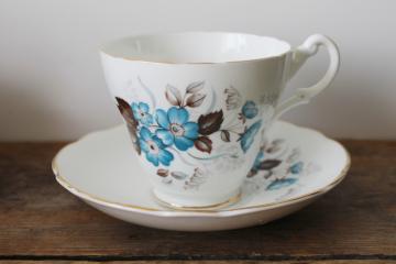 catalog photo of mid century vintage Royal Ascot bone china tea cup & saucer aqua floral w/ brown leaves 